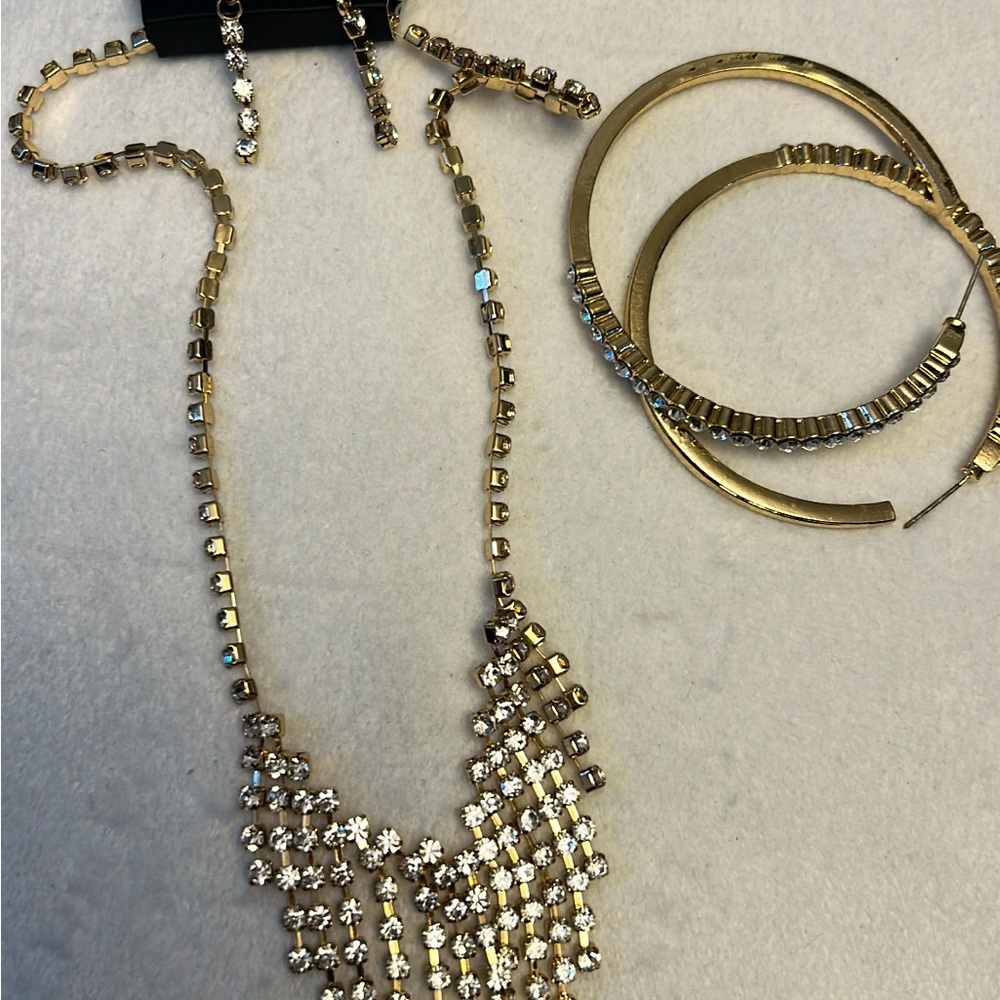 Gold Crystal Statement Necklace and Hoop Earrings Set - Women Jewelry